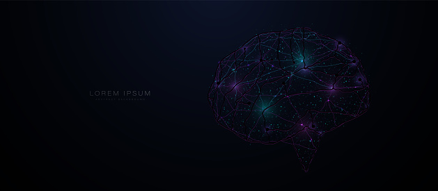 Human brain with blue and purple neural connection lines and glowing. Colorful brain. Vector Illustration