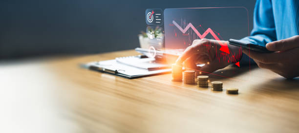 istock Economic collapse concept, businessman with falling financial graph chart due to global recession. Stock market crash, inflation, financial crisis, Falling income in GDP, capital reduction 2147491748