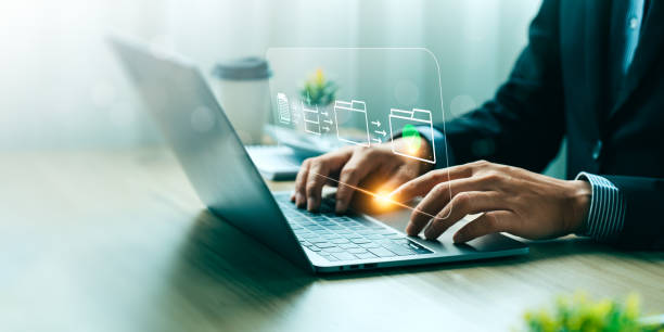 Document Management System concept. Enterprise content management, Digital asset management, Document imaging, Workflow, Records management, Online document file data software for efficient archiving.