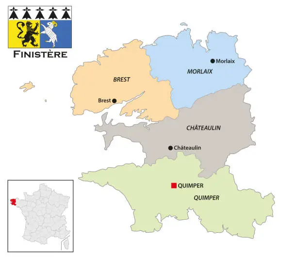 Vector illustration of Administrative map of the Breton department of Finistère, France