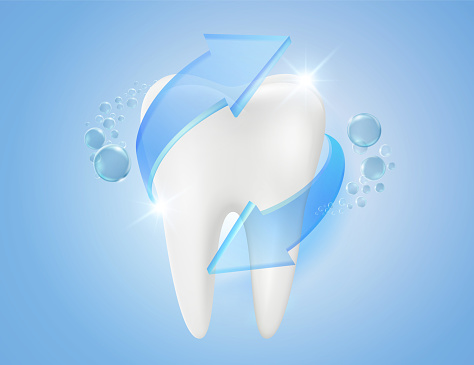 Fluoride prevents tooth decay. Helps make teeth strong, white, and clean. Realistic vector illustration.