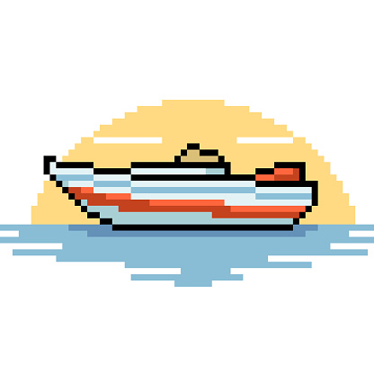 pixel art of small boat sea isolated background