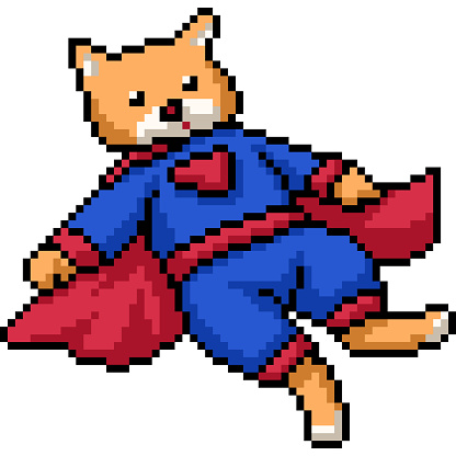 pixel art of cat superhero costume isolated background
