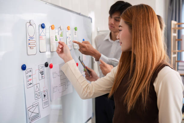 istock Close up, Making ux ui application design work plan of modern business team brainstorming together in conference room 2147492863