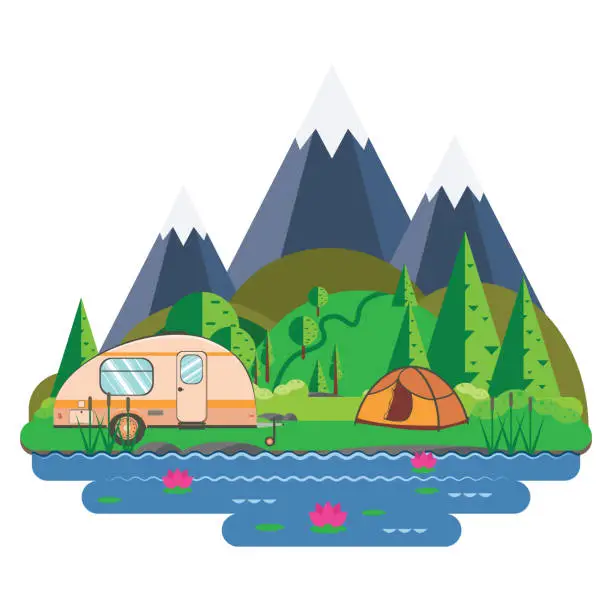 Vector illustration of Green hills near mountains and camp tent flat