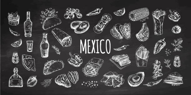 handgezeichneter satz realistischer mexikanischer elemente. vintage-skizzenzeichnungen der lateinamerikanischen kultur. vektor-tintenillustration auf kreidetafelhintergrund. mexikanische kultur. - mexikanische küche stock-grafiken, -clipart, -cartoons und -symbole