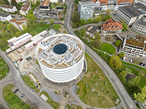 Aerial view of new research building FZK of University Children Hospital at Swiss City of Zürich on a cloudy spring day. Photo taken April 7th, 2024, Zurich, Switzerland.