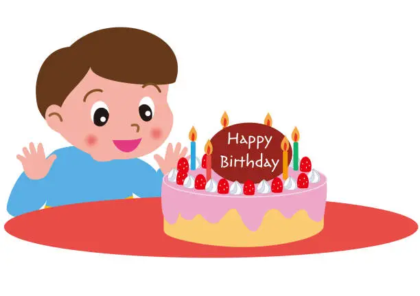 Vector illustration of Boy rejoicing in front of birthday cake