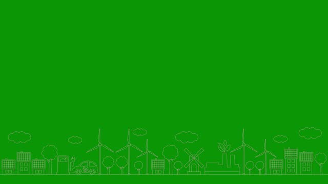 Animated linear pink icon of green energy city. Line symbols is drawn. Concept of Sustainability, environment, renewable energy, green technology. Illustration isolated on green background.