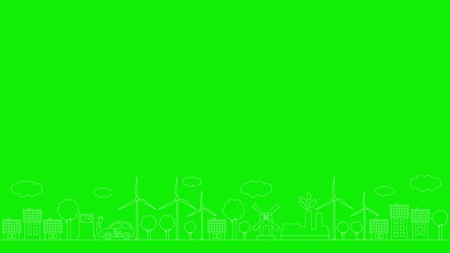 Animated linear white icon of green energy city. Line symbols is drawn. Concept of Sustainability, environment, renewable energy, green technology. Illustration isolated on green background.