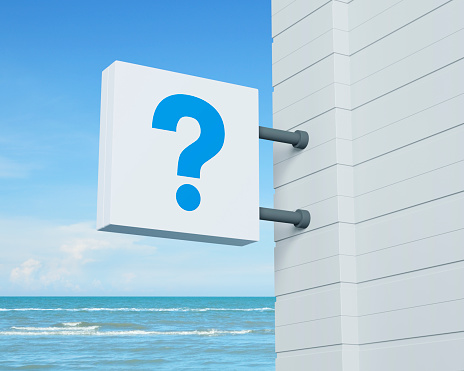 Question mark sign icon on hanging white square signboard over tropical sea and blue sky with white clouds, Business customer service and support concept, 3D rendering