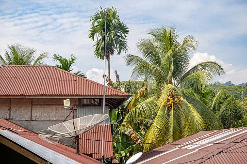 Bukit Lawang, Sumatra, Indonesia - January 23th 2024:   Roofs of corrugated metal, a dish antenna and coconut palm trees in an Indonesian village