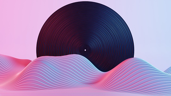 This artwork depicts a vinyl record set against a retro wave landscape, combining the nostalgia of analog music with the futuristic aesthetics of neon waves.