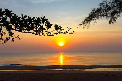 Sunrise and silhouette of tree at beach Bang Boet  Prachuap Khiri Khan Province in Thailand is famous for travel and relax