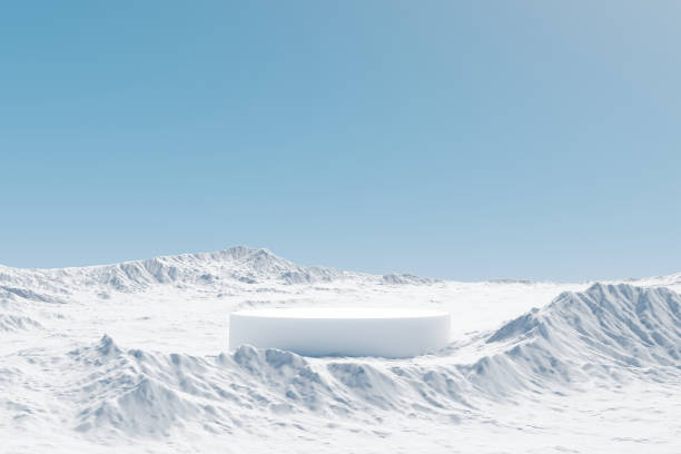 3d render platform and Natural winter background, Stone podium on the ice snow mountain in daytime for product stand display, advertising, mockup or etc