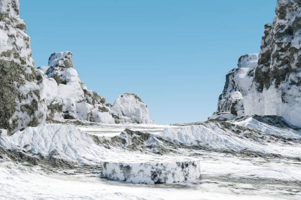 3d render platform and Natural winter background, Stone podium on the ice snow mountain in daytime for product stand display, advertising, mockup or etc