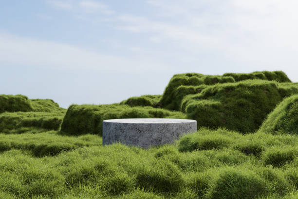 istock Abstract 3d render platform and mockup natural background, Stone podium on the grass field backdrop meadow mountain for product stand display, advertising or etc 2147499554
