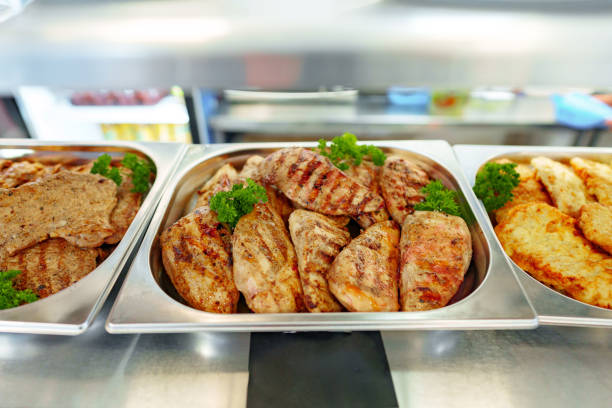 istock Grilled Chicken Breasts and Pork Cutlets Served in a Buffet Setting 2147500468