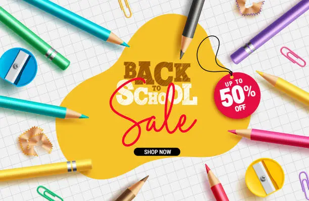 Vector illustration of Back to school sale vector banner design. Back to school promo discount 50% off with color pencil, sharpener and paper clip educational