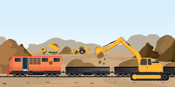 Construction vehicles heavy equipment on site.Wheel loader picks rubble into the bucket. Work on a flyover for unloading railway freight cars. Transportation of materials for concrete production.