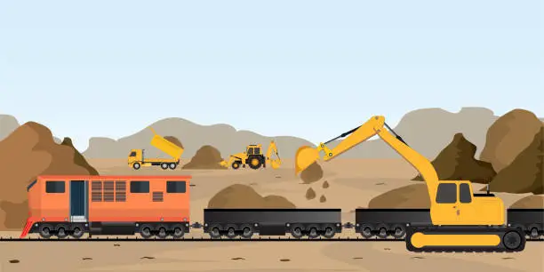 Vector illustration of Construction vehicles heavy equipment on site.