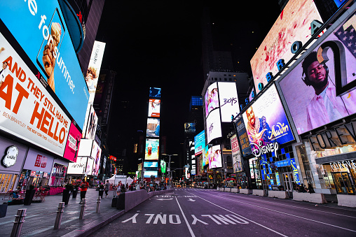 The lights and billboards of Times Square at night.