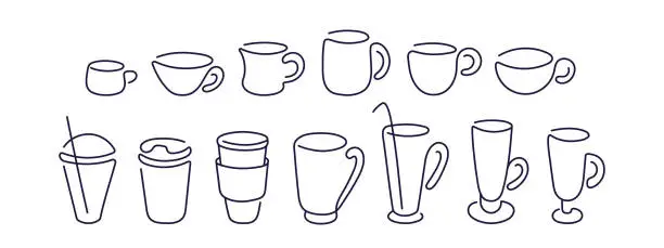 Vector illustration of Different art line cups. Coffee and tea collection