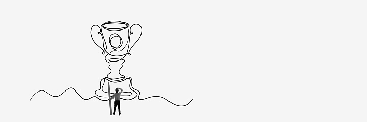 Businessman standing near giant trophy symbolizing promotion, personal and professional growth and success. Creative design. Single line drawing. Concept of business, achievement, reward