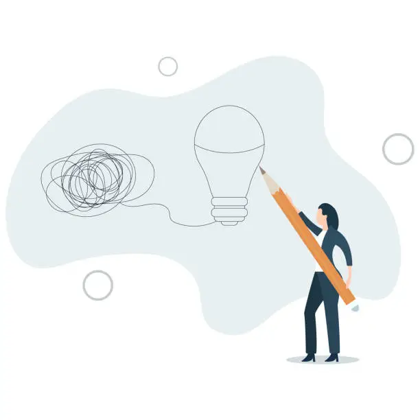 Vector illustration of business skill solve complex obstacle concept, woman draw lightbulb from messy knot.flat vector illustration