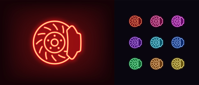 Outline neon car brakes icon set. Glowing neon disc brake with disk pad. Race brake system, car speed break, drive safety, braking disc pads repair, auto service and maintenance, car shop. Vector icon