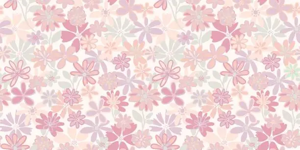 Vector illustration of Pastel creative groovy flowers seamless pattern on a light background. Vector hand drawn sketch. Abstract ditsy floral printing. Template for designs, notebook cover, childish textiles, fabric