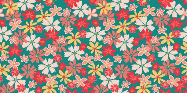 Vector illustration of Colorful summer seamless pattern with abstract shapes groovy flowers. Vector hand drawn sketch. Cute floral printing on a green background. Template for designs, notebook cover, childish textiles