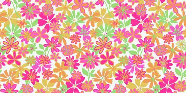 Vector illustration of Colorful creative groovy flowers seamless pattern. Vector hand drawn sketch. Abstract cute ditsy floral printing. Template for designs, notebook cover, childish textiles, children, fabric,