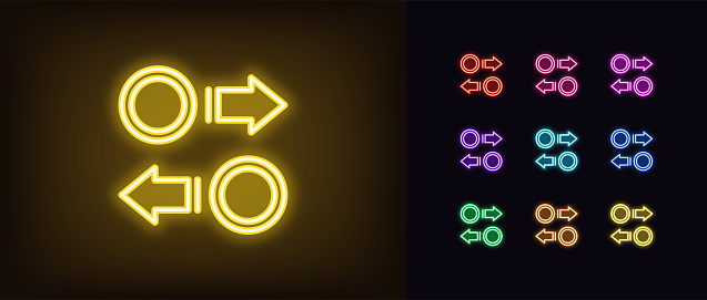 Outline neon coin convert icon set. Glowing neon token exchange sign with arrows. Crypto currency conversion, money cashback, refund, swapping token market, reinvest, virtual coin trade. Vector icons
