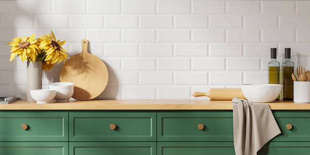 istock White kitchen interior with green cabinets 2147503806