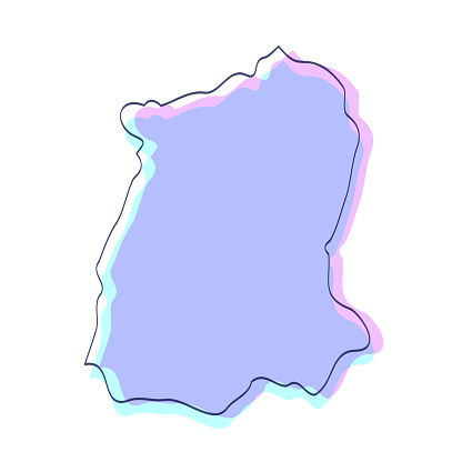 Map of Sikkim sketched and isolated on a white background. The map is purple with a black outline. Pink and blue are overlapped to create a modern visual effect, looking like anaglyph image. The combination of pink and blue in this illustration creates a predominantly purple map. Vector Illustration (EPS file, well layered and grouped). Easy to edit, manipulate, resize or colorize. Vector and Jpeg file of different sizes.