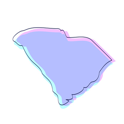 Map of South Carolina sketched and isolated on a white background. The map is purple with a black outline. Pink and blue are overlapped to create a modern visual effect, looking like anaglyph image. The combination of pink and blue in this illustration creates a predominantly purple map. Vector Illustration (EPS file, well layered and grouped). Easy to edit, manipulate, resize or colorize. Vector and Jpeg file of different sizes.