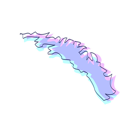 Map of South Georgia and The South Sandwich Islands sketched and isolated on a white background. The map is purple with a black outline. Pink and blue are overlapped to create a modern visual effect, looking like anaglyph image. The combination of pink and blue in this illustration creates a predominantly purple map. Vector Illustration (EPS file, well layered and grouped). Easy to edit, manipulate, resize or colorize. Vector and Jpeg file of different sizes.