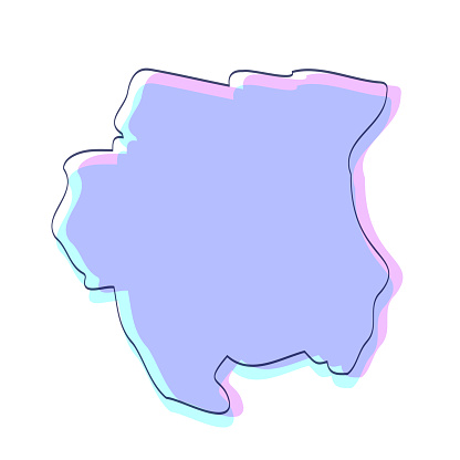 Map of Suriname sketched and isolated on a white background. The map is purple with a black outline. Pink and blue are overlapped to create a modern visual effect, looking like anaglyph image. The combination of pink and blue in this illustration creates a predominantly purple map. Vector Illustration (EPS file, well layered and grouped). Easy to edit, manipulate, resize or colorize. Vector and Jpeg file of different sizes.