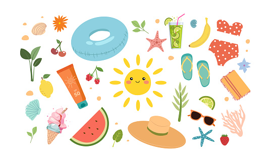 A set of summer illustrations, icons and decorations. This is a simple flat design in doodle style. There are lemon, watermelon, ice cream, palm tree, ribbon frames and more.