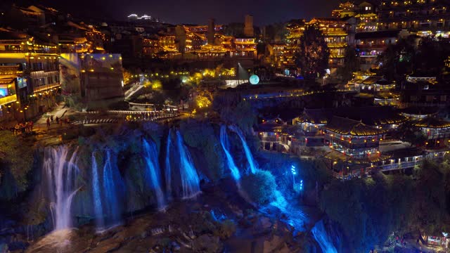 Beautiful landscape at the Furong old Town with lighting waterfall, The famous tourist destination at Hunan Province, China