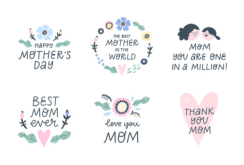 Set of mother's day quotes with hand lettering. Uses it for emblem, badges, mug, social media posts. Vector illustration