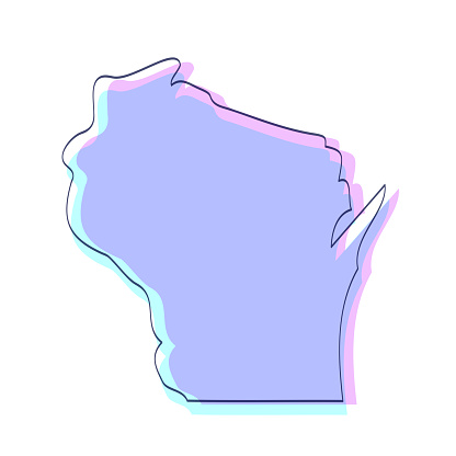 Map of Wisconsin sketched and isolated on a white background. The map is purple with a black outline. Pink and blue are overlapped to create a modern visual effect, looking like anaglyph image. The combination of pink and blue in this illustration creates a predominantly purple map. Vector Illustration (EPS file, well layered and grouped). Easy to edit, manipulate, resize or colorize. Vector and Jpeg file of different sizes.