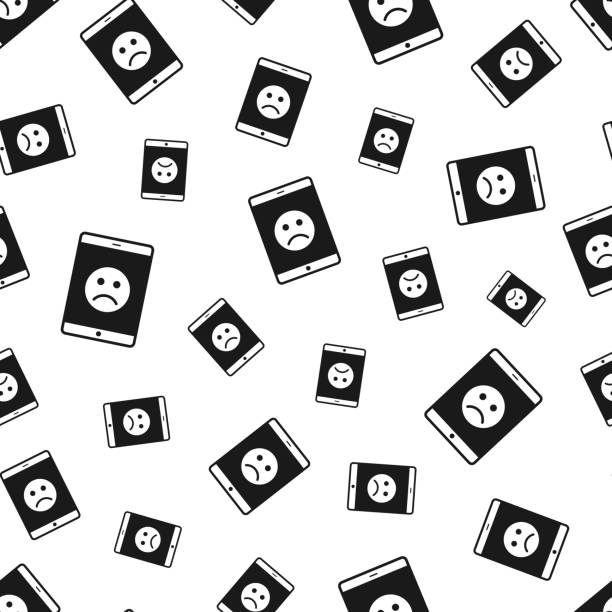 Tablet PC with sad emoji. Seamless pattern. Icons on white background Seamless pattern with a icon of "Tablet PC with sad emoji". Black icon isolated on a blank background. Vector Illustration (EPS file, well layered and grouped). Easy to edit, manipulate, resize or colorize. Vector and Jpeg file of different sizes. background of the sad face black and white stock illustrations