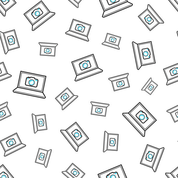 ilustrações de stock, clip art, desenhos animados e ícones de laptop with camera. seamless pattern. line icons on white background - conference call flash