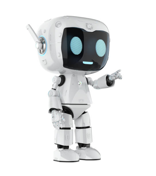 istock Cute and small artificial intelligence personal assistant robot finger point isolated 2147506332