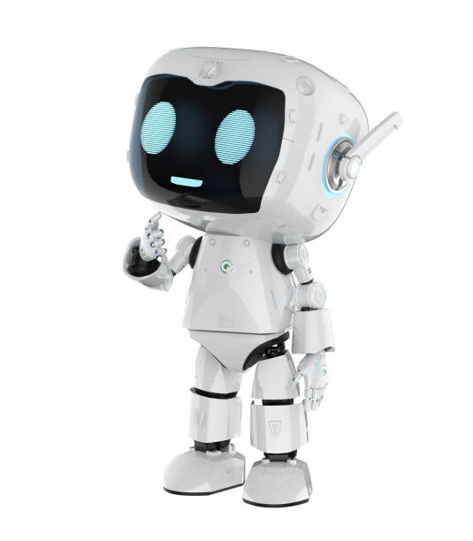 istock Cute and small artificial intelligence personal assistant robot finger point isolated 2147506333
