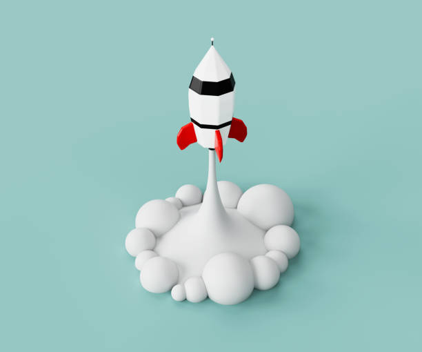 istock Small space ships takes off and flys away on blue background 2147506461