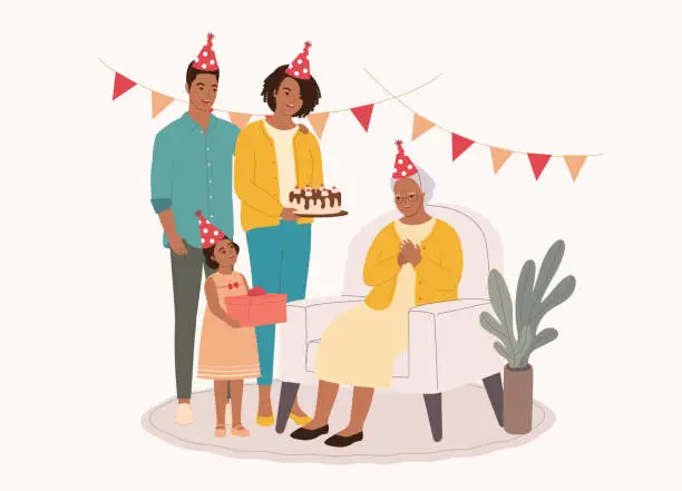 Vector illustration of Black Grandma Celebrating Her Birthday With Her Family.