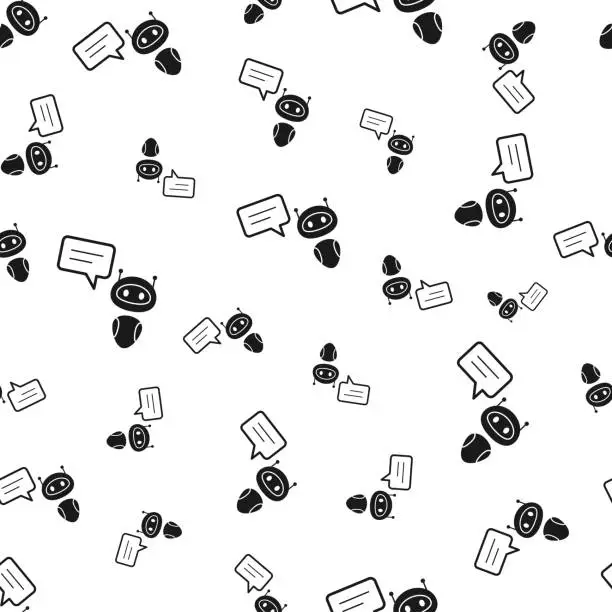 Vector illustration of Chatbot with speech bubble. Seamless pattern. Icons on white background